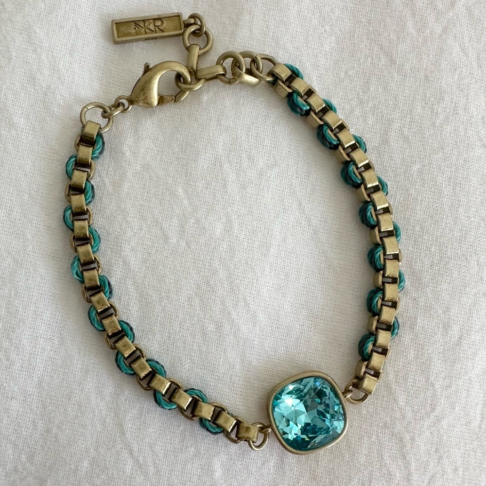 Silpada KR Bracelet Blue Green Aqua Turquoise Gem Stone Fabric Brass Chain Link
